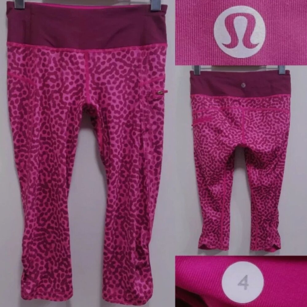 Lululemon Top Speed Crop 4 XS Ace Spot Jewelled Magenta Pink Legging Run Womans